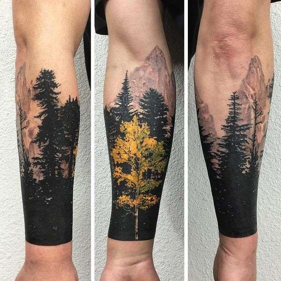 Tatuaje bosque árbol amarillo