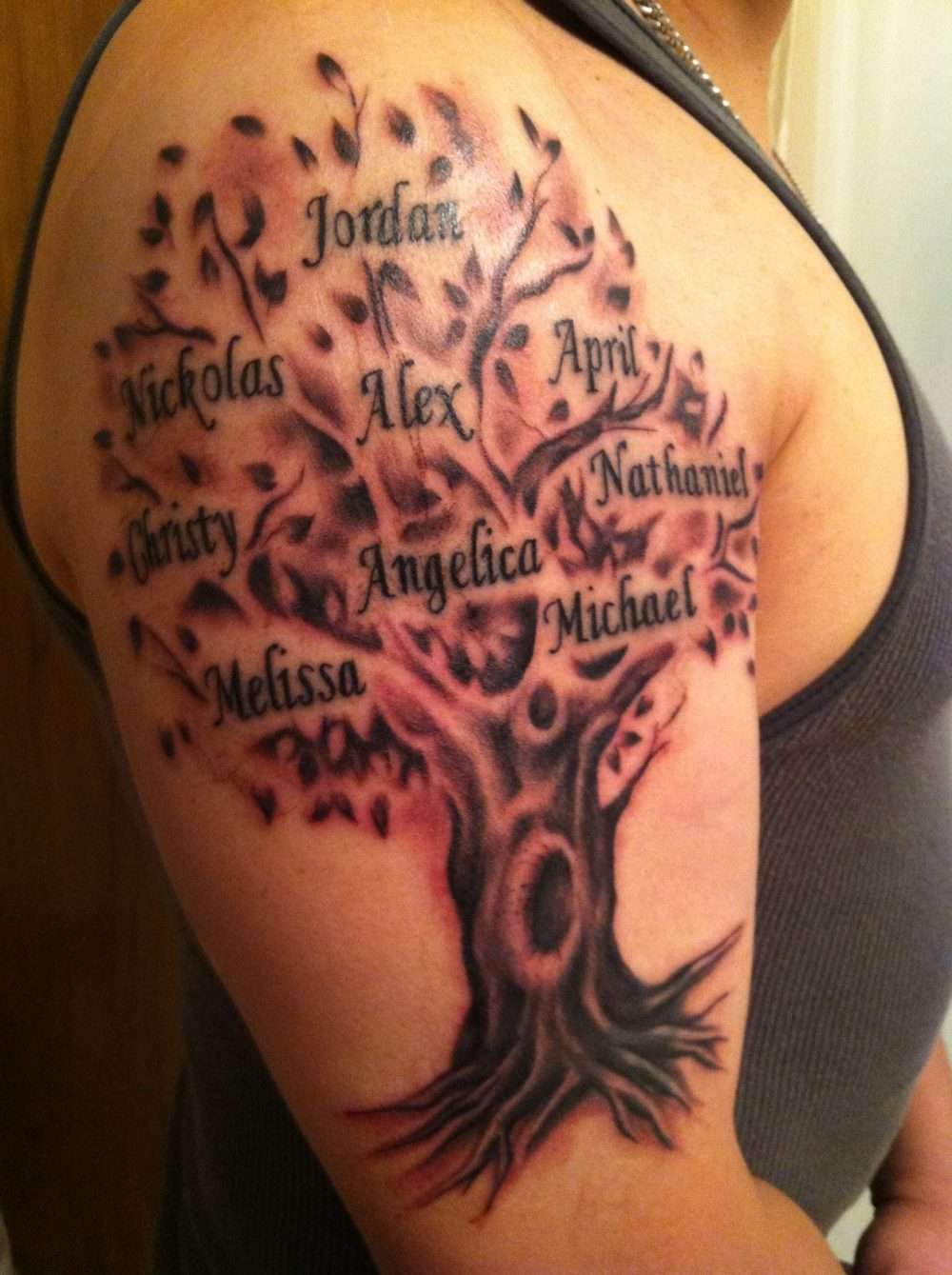 Tatuaje de árbol genealógico en brazo