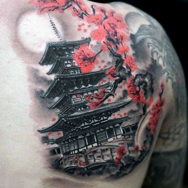 Tatuaje flores de cerezo y templo