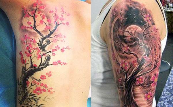 Tatuaje flores de cerezo y paisaje nocturno