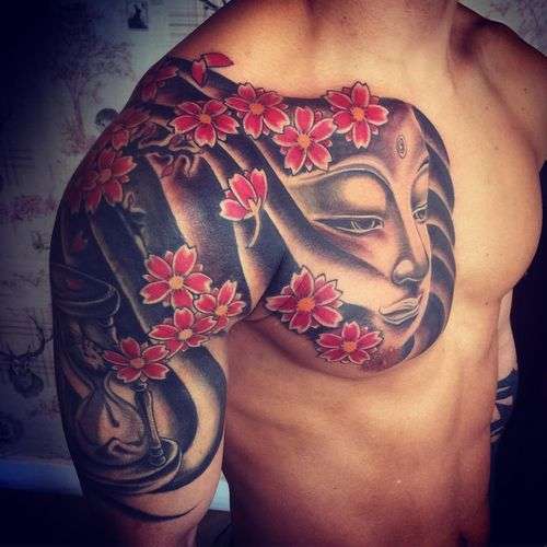 Tatuaje de flores de cerezo y rostro