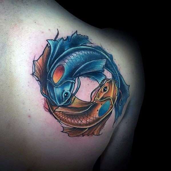 Tatuaje de peces koi Ying y Yang - azul y naranja