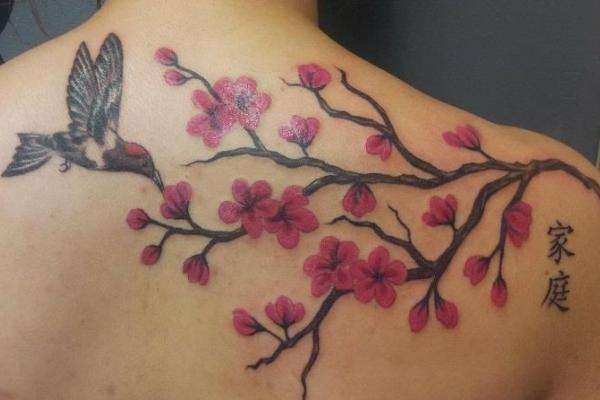 Tatuaje rama de cerezo, flores y colibrí