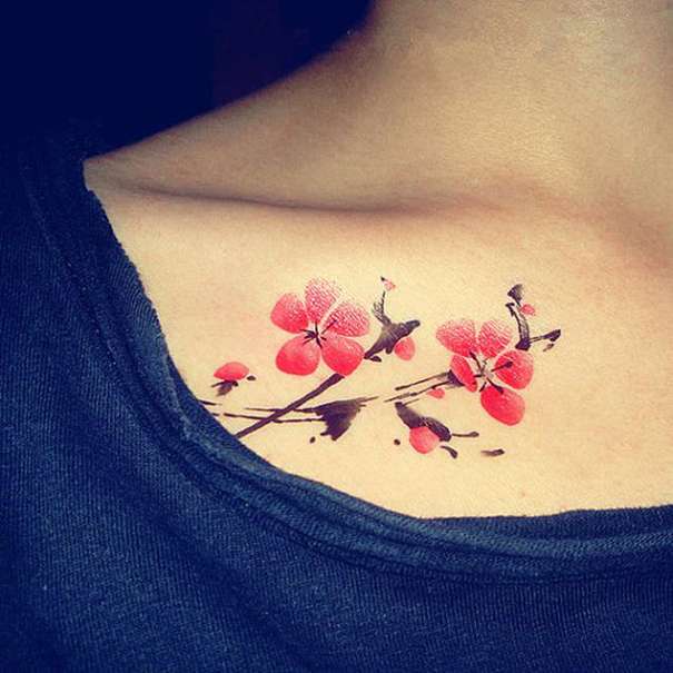 Tatuaje flores de cerezo - color rojo