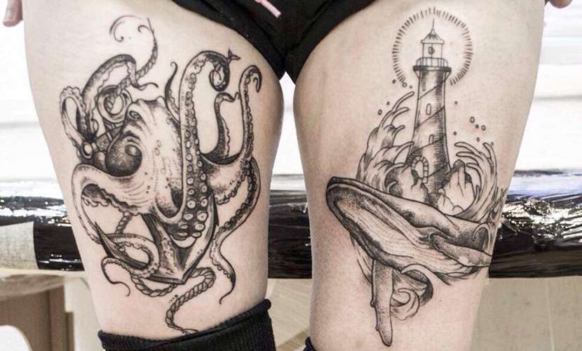 Tatuaje en el muslo - pulpo, ballena y faro