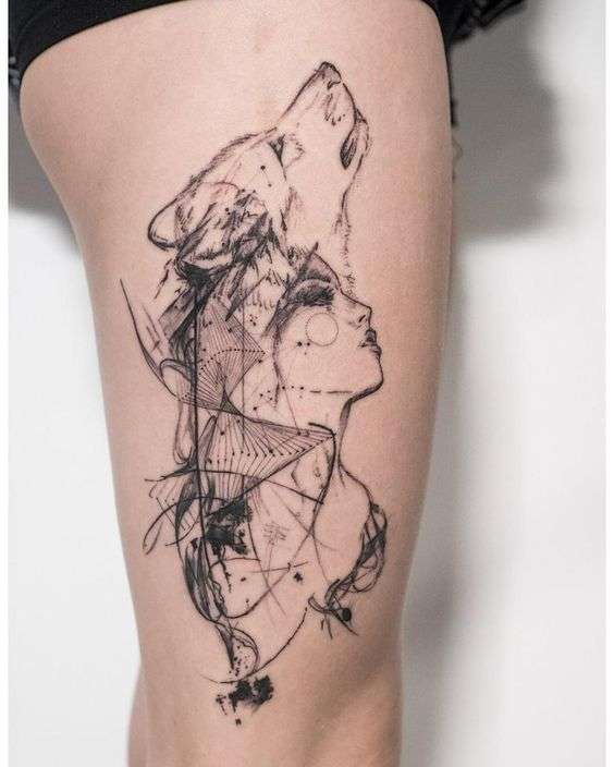 Tatuaje de lobo y mujer