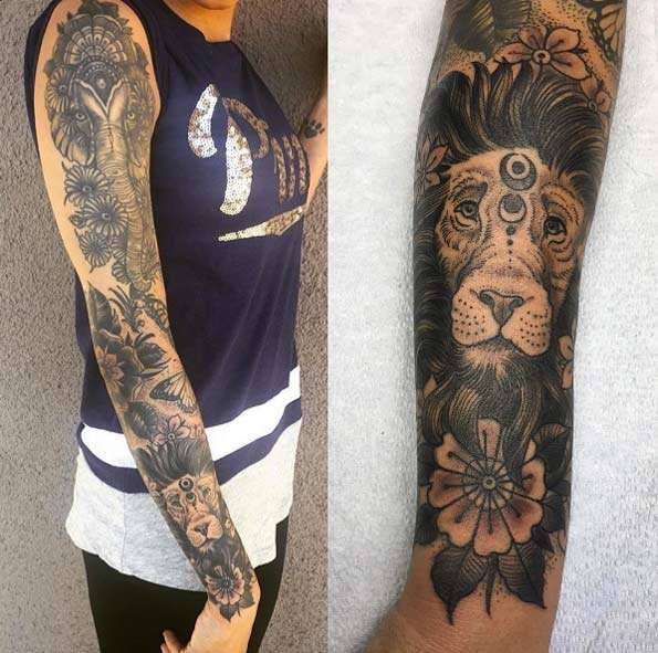 Tatuaje de manga para mujer - elefante y león