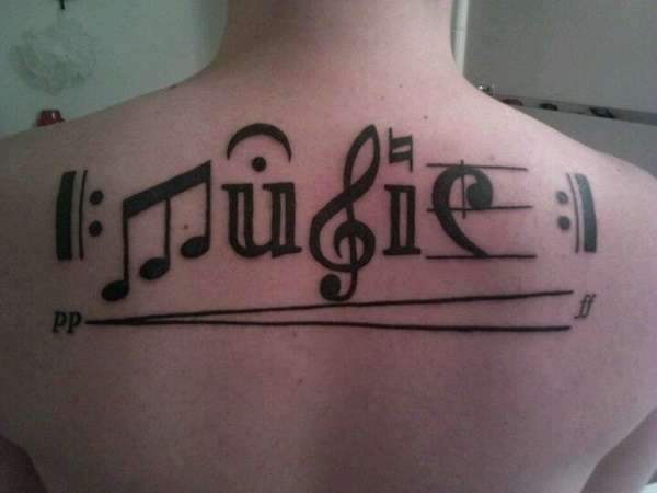 Tatuaje de palabra music en la espalda