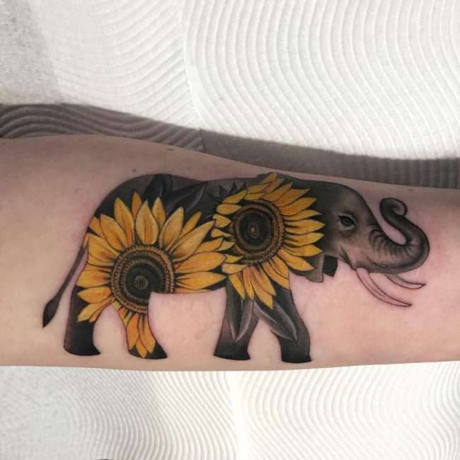 Tatuaje de girasoles dentro de elefante