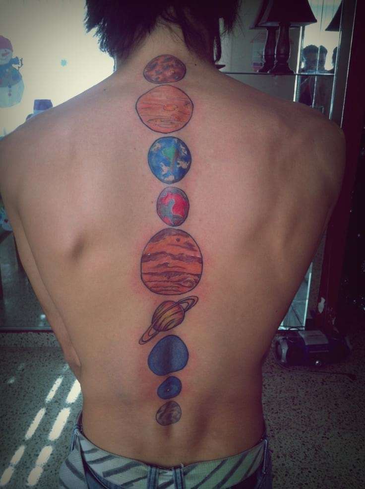 Tatuaje en la columna vertebral: planetas