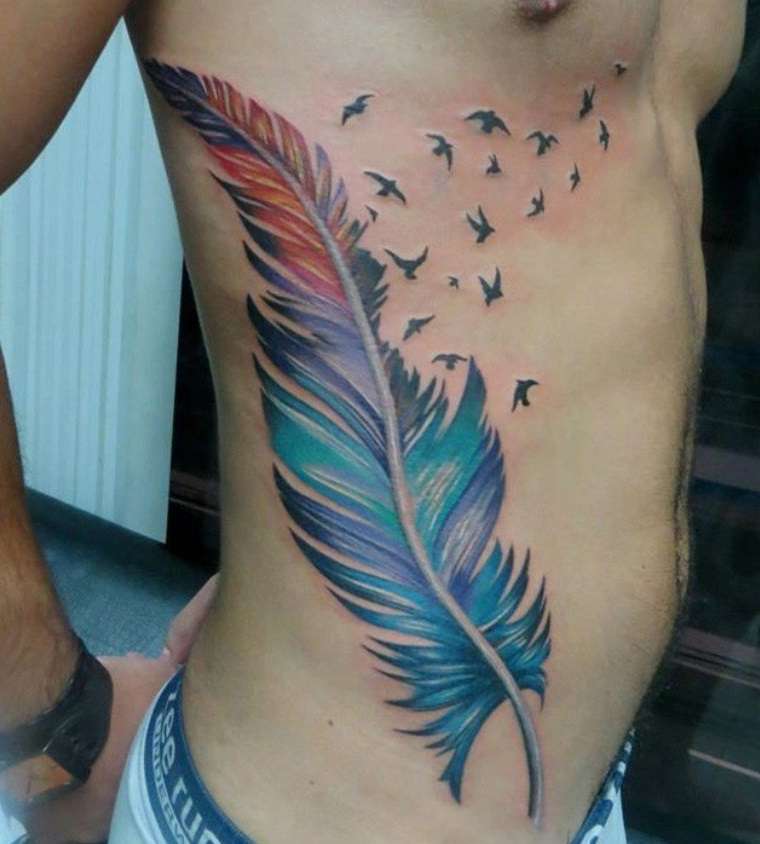 Tatuaje de pluma y aves, grande