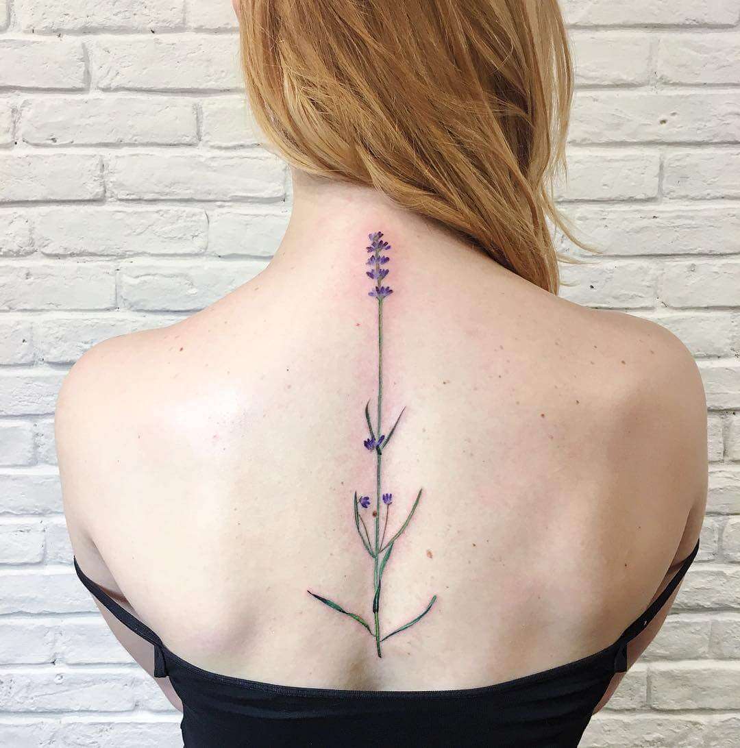 Tatuaje en la columna vertebral: planta de lavanda