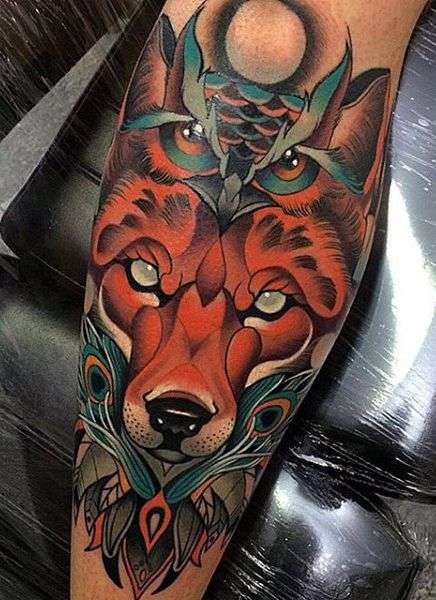 Tatuaje de búho y lobo