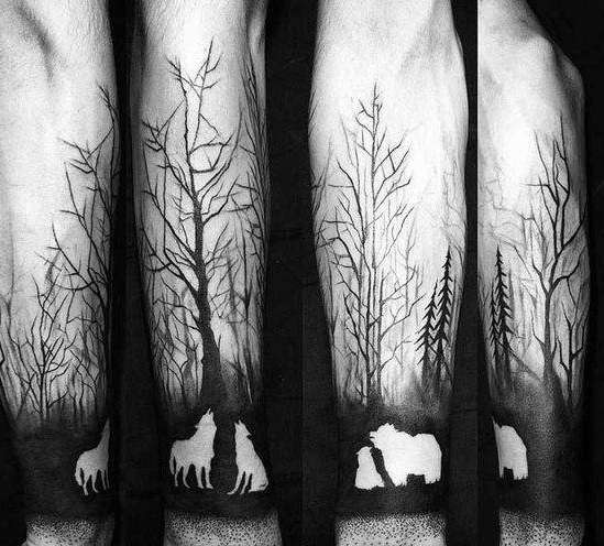 Tatuaje de bosque, lobos y osos