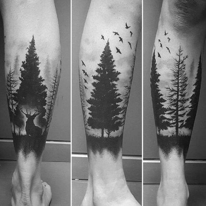 Tatuaje de bosque, aves y venado