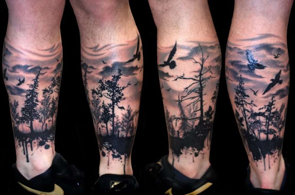 Tatuaje de bosque y aves