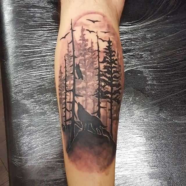 Tatuaje de bosque, lobo, búho y aves