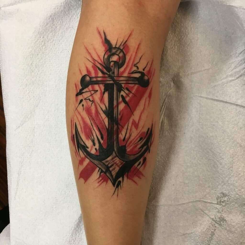 Tatuaje de ancla en rojo y negro