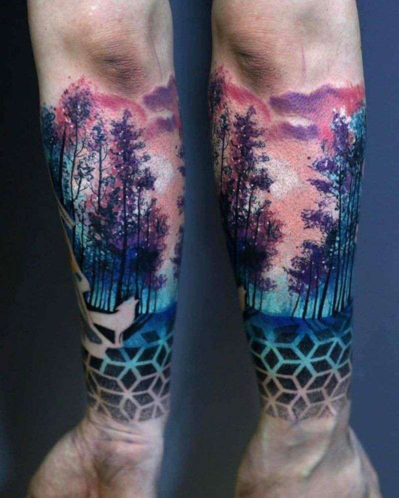 Tatuaje de bosque y lobo