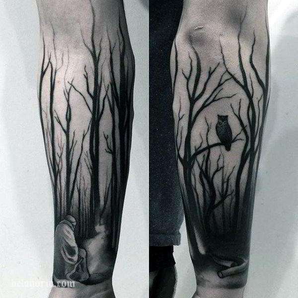 Tatuaje de bosque, búho y anciano
