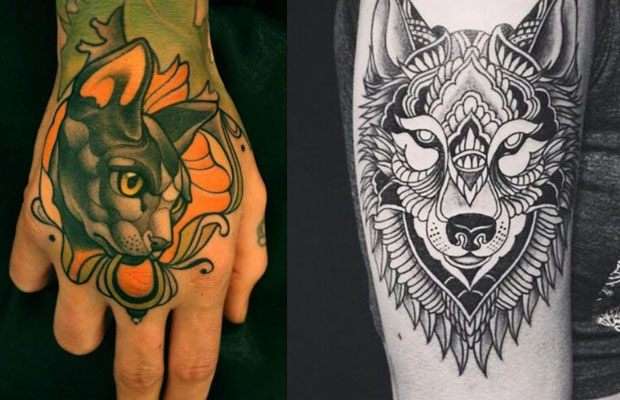 Tatuajes de animales: gato y lobo