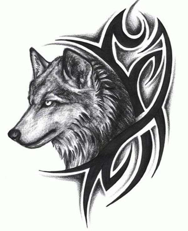 Dibujos de tatuajes: lobo y líneas tribales